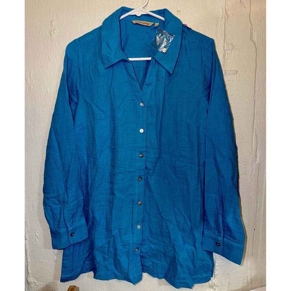 Soft Surroundings Blue Cotton Gauze Button Down Tunic Shirt 2FJ10 Womens Small